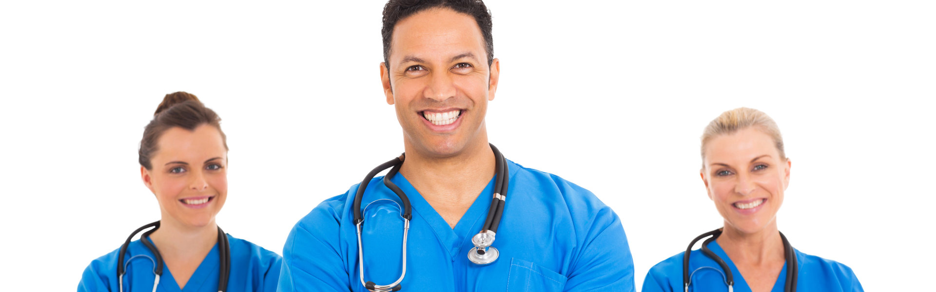 three healthcare staff smiling together